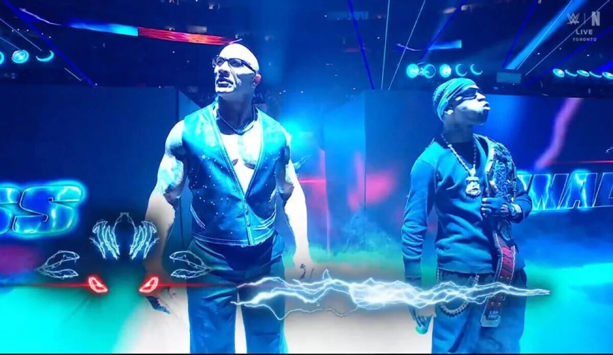 A photo of The Rock from WWE Elimination Chamber 2025, on his way to confront John Cena and Cody Rhodes, the WrestleMania 41 main event opponents.