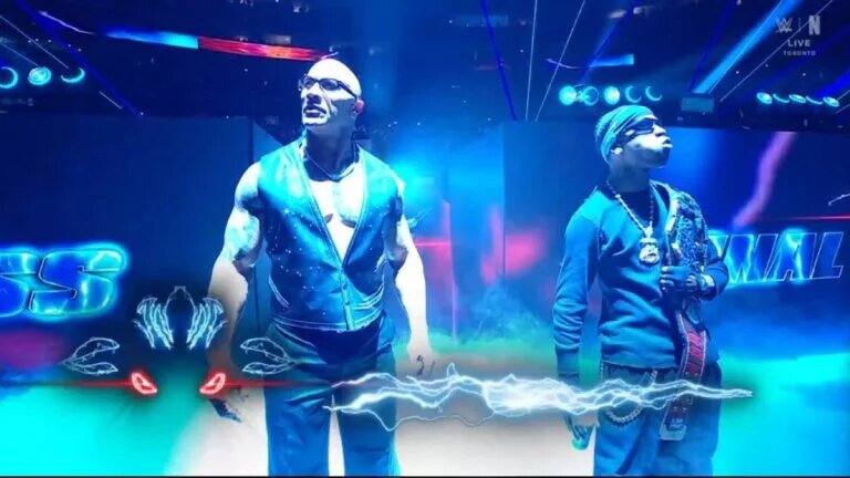 A photo of The Rock from WWE Elimination Chamber 2025, on his way to confront John Cena and Cody Rhodes, the WrestleMania 41 main event opponents.