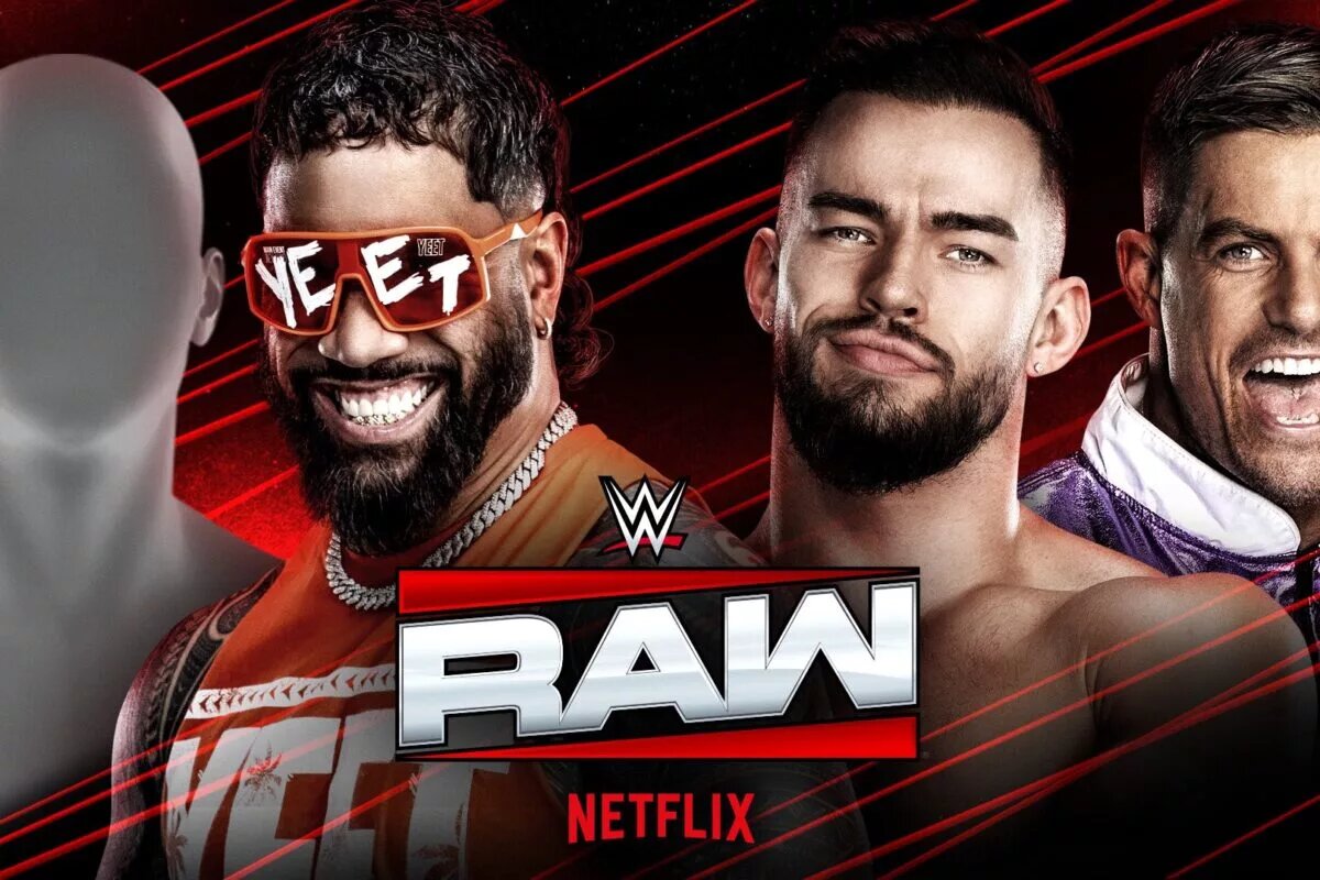 A WWE Raw graphic featuring Jey Uso, his mystery partner, and A-Town Down Under for the March 24th, 2025 episode in Glasgow.