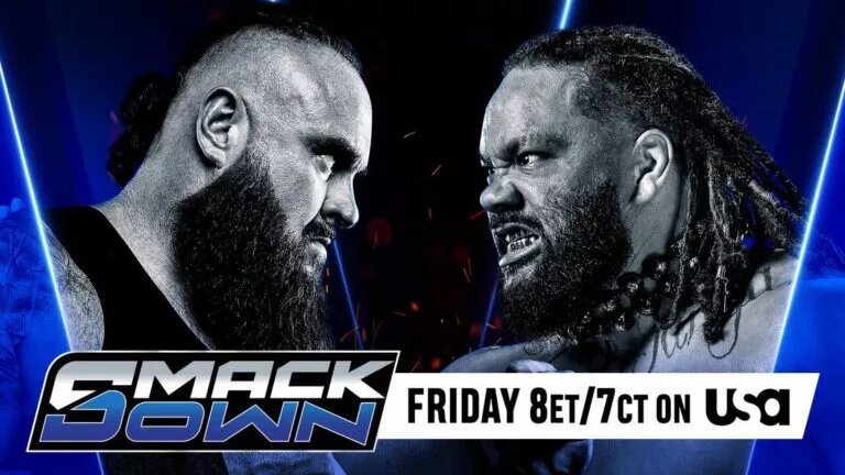 A WWE SmackDown preview blog banner image for the April 4, 2025 edition featuring Braun Strowman and Jacob Fatu.