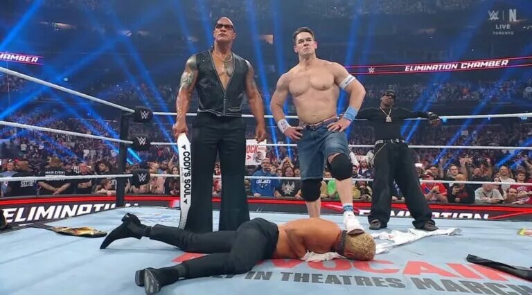 A photo of a heel turning John Cena and The Rock from WWE Elimination Chamber 2025: Toronto.
