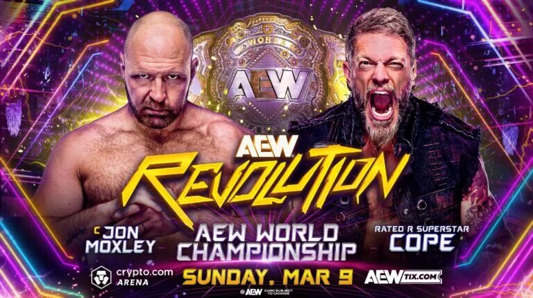 A match graphic for AEW Revolution 2025 featuring Jon Moxley and Cope which will air on Amazon.
