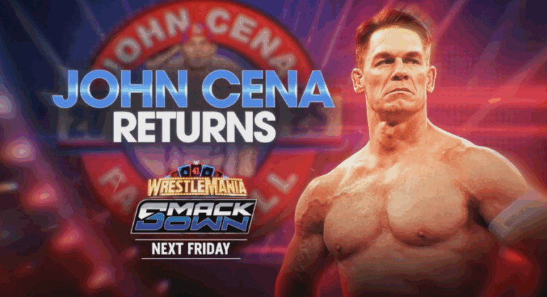 Blog banner for the WWE SmackDown preview for April 18th, 2025, hyping up the return of John Cena, ahead of WWE WrestleMania 41, to the Blue brand.