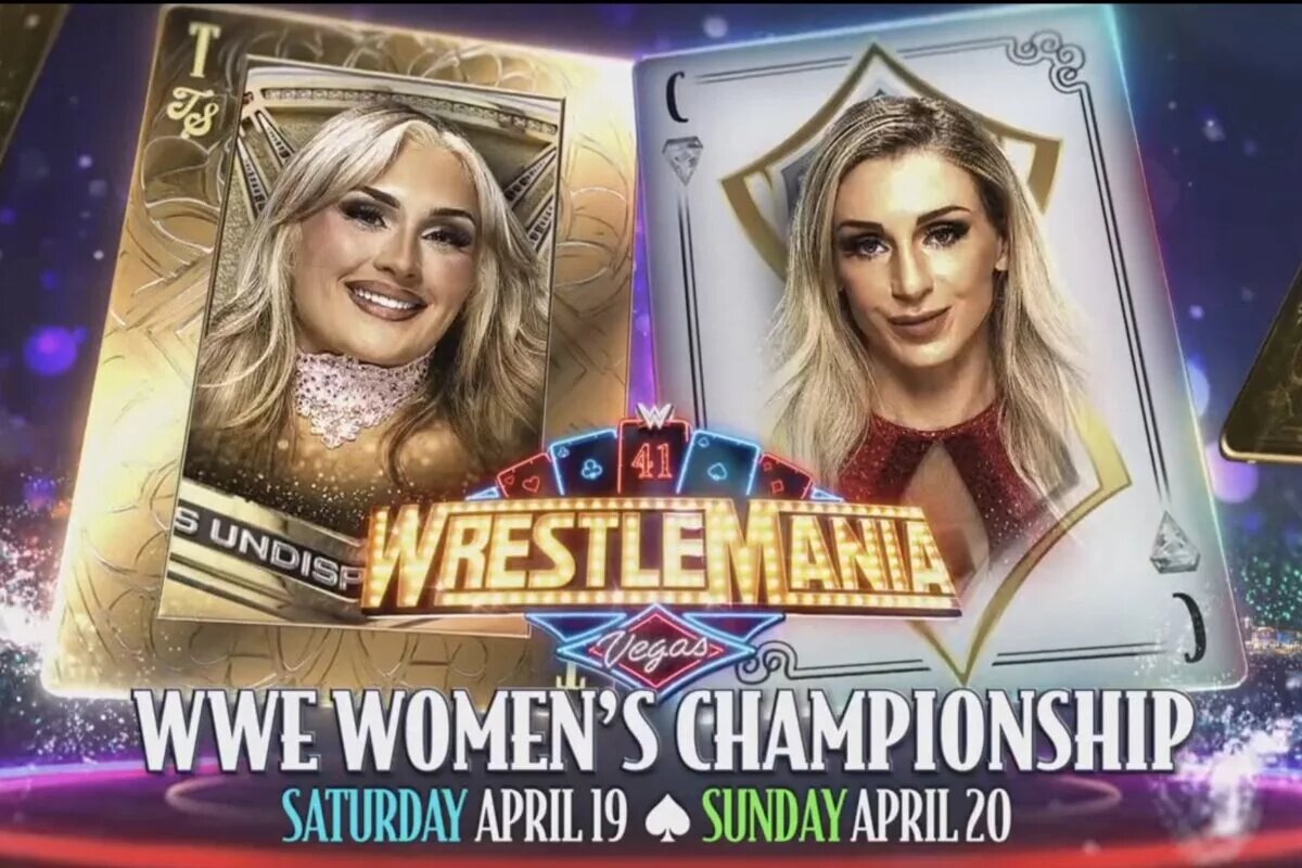 A WWE WrestleMania 41 graphic featuring Tiffany Stratton and Charlotte Flair.