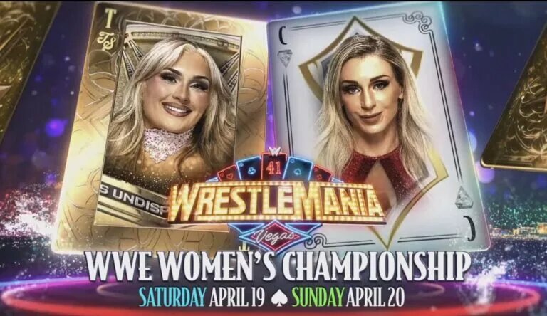 A WWE WrestleMania 41 graphic featuring Tiffany Stratton and Charlotte Flair.