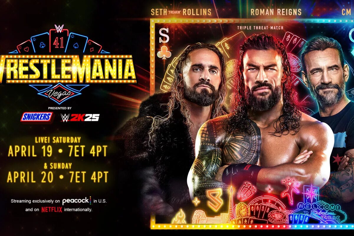 A graphic for WWE WrestleMania 41 featuring Seth Rollins, CM Punk, and Roman Reigns.