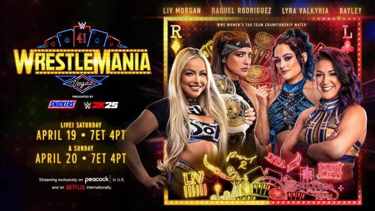 A WWE WrestleMania 41 match graphic featuring Bayley, Lyra Valkyria, Raquel Rodriguez, and Liv Morgan.