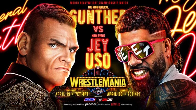 A WWE WrestleMania 41 match graphic featuring Jey Uso and Gunther.