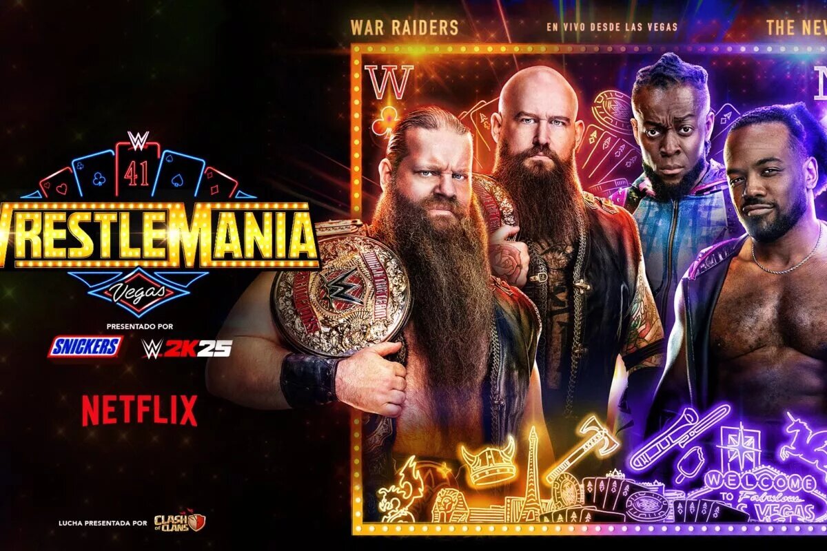 A WWE WrestleMania 41 match graphic featuring The New Day and The War Raiders.