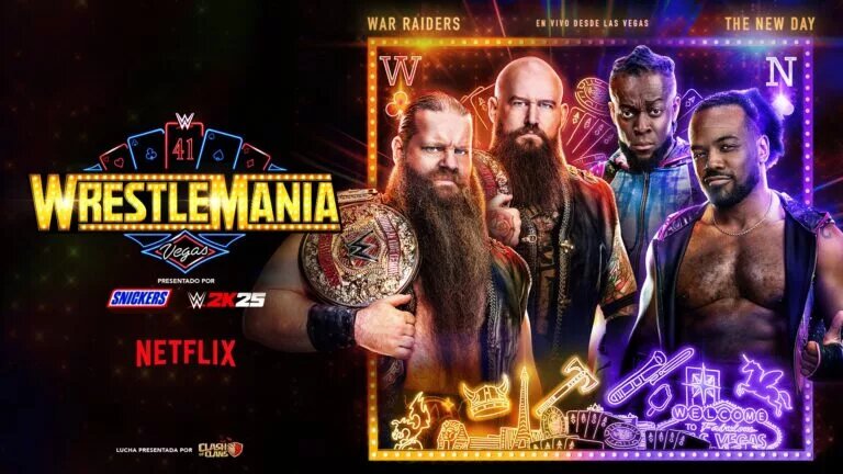 A WWE WrestleMania 41 match graphic featuring The New Day and The War Raiders.