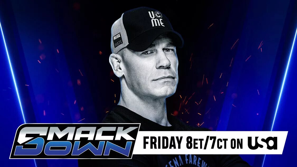 A graphic for the WWE SmackDown results for April 18th, 2025 featuring John Cena.