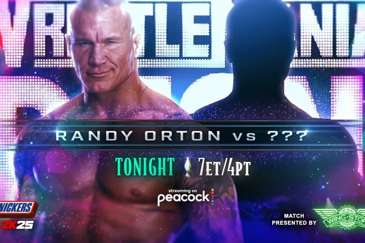 A WWE WrestleMania 41 Sunday graphic featuring Randy Orton and his mystery opponent, who turned out to be TNA World Champion Joe Hendry.