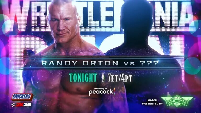 A WWE WrestleMania 41 Sunday graphic featuring Randy Orton and his mystery opponent, who turned out to be TNA World Champion Joe Hendry.