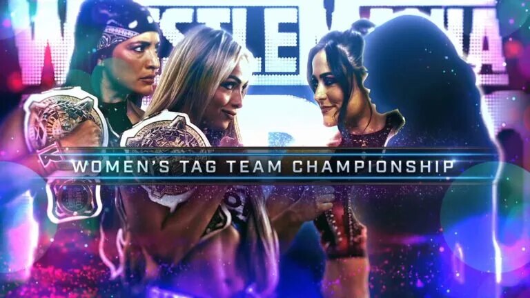 A WWE WrestleMania 41 match graphic featuring Becky Lynch, Lyra Valkyria, Raquel Rodriguez, and Liv Morgan.