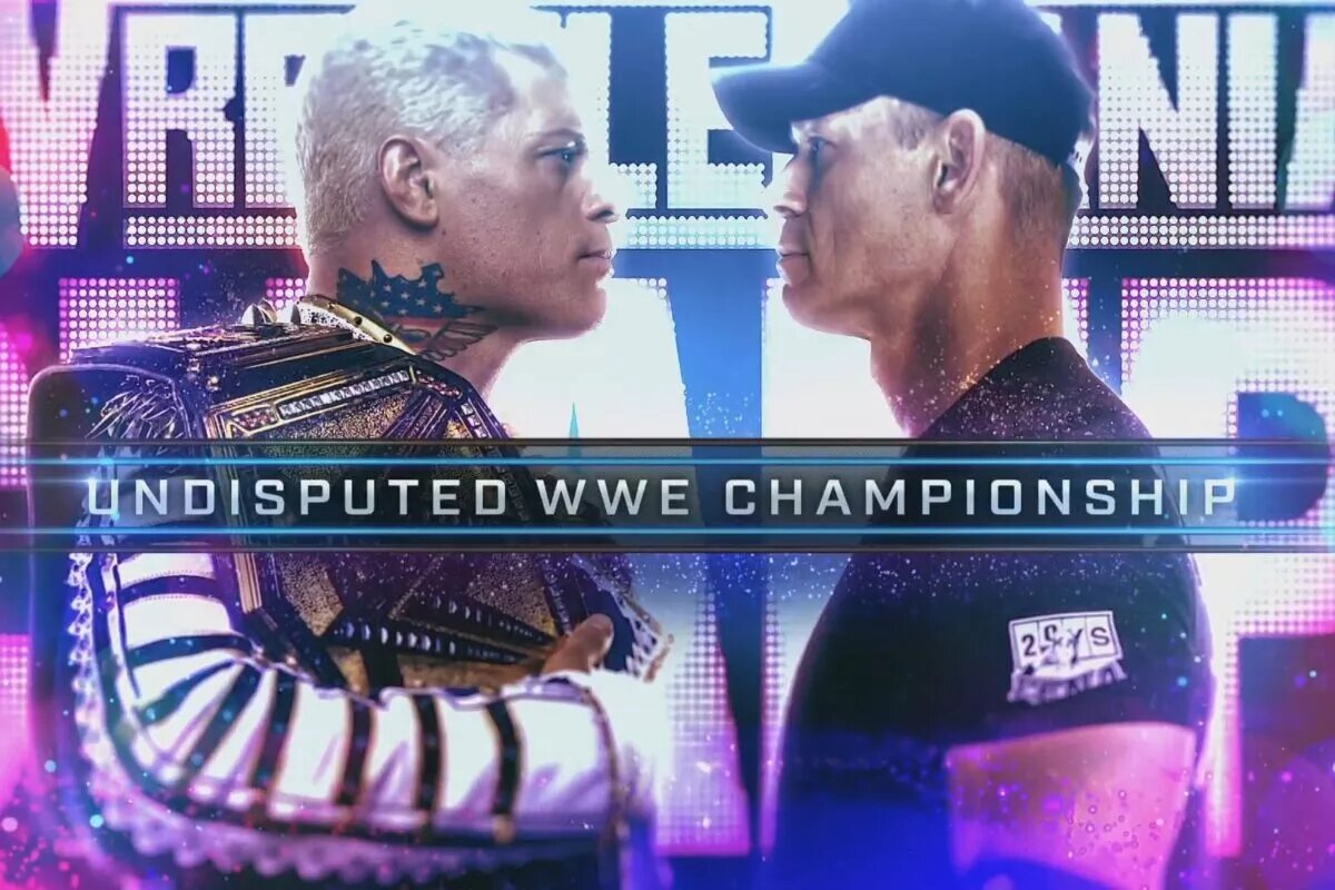 A graphic for WWE WrestleMania featuring the main event of night two between Undisputed WWE Champion Cody Rhodes and John Cena.