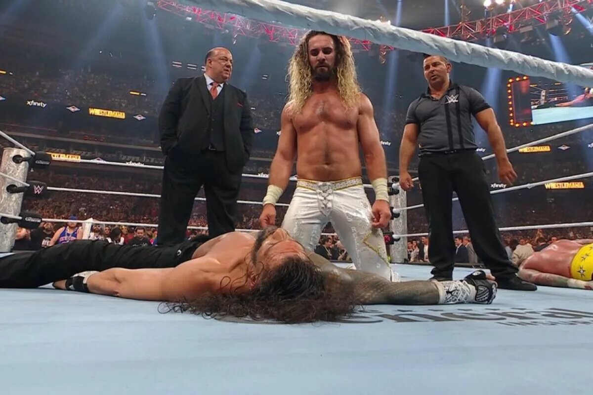 A photo of Seth Rollins with Paul Heyman and Roman Reigns at WWE WrestleMania 41.