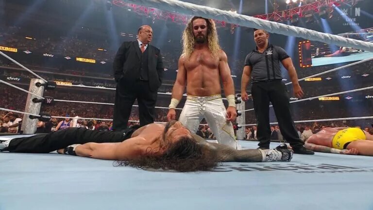 A photo of Seth Rollins with Paul Heyman and Roman Reigns at WWE WrestleMania 41.