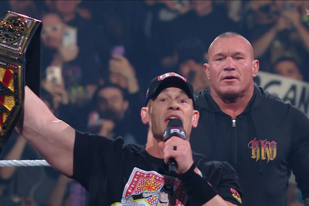A photo of Randy Orton and John Cena, potential opponents for WWE Backlash 2025, on WWE Raw.
