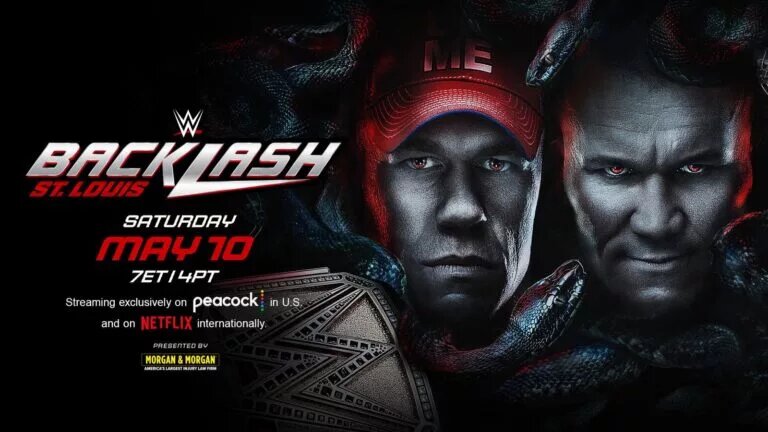 A WWE Backlash 2025 graphic featuring John Cena and Randy Orton as part of the WWE PLE schedule.