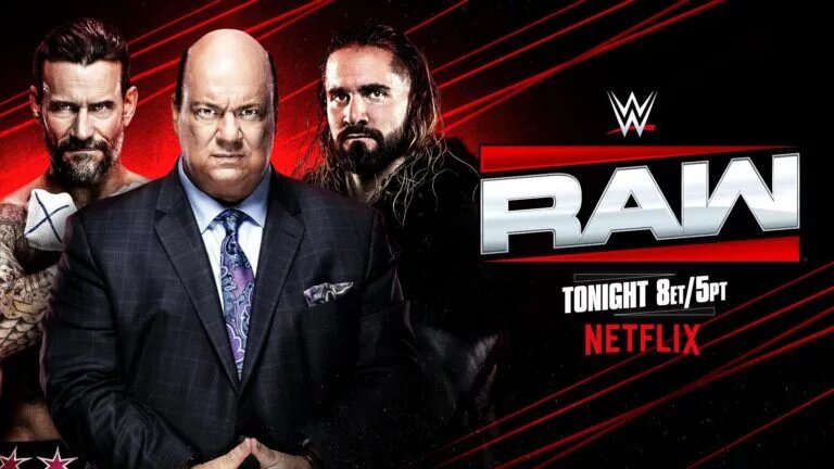 Blog banner image for the WWE Raw results and analysis for April 7th, 2025, featuring WWE WrestleMania 41 opponents CM Punk and Seth Rollins and Paul Heyman.