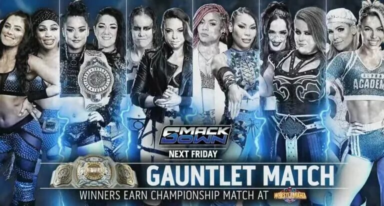 A match graphic for WWE SmackDown, advertising the WWE Women's Tag Team Title Gauntlet Match to crown number one contenders at WWE WrestleMania 41.
