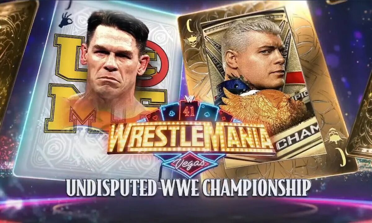 A graphic for WWE WrestleMania featuring the main event of night two between Undisputed WWE Champion Cody Rhodes and John Cena.
