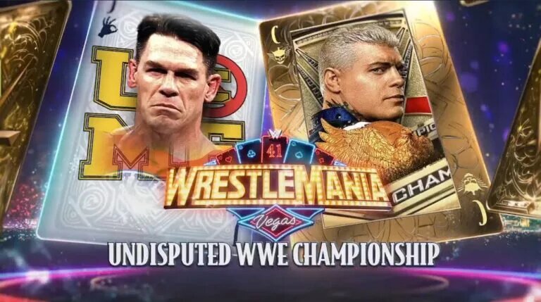 A graphic for WWE WrestleMania featuring the main event of night two between Undisputed WWE Champion Cody Rhodes and John Cena.