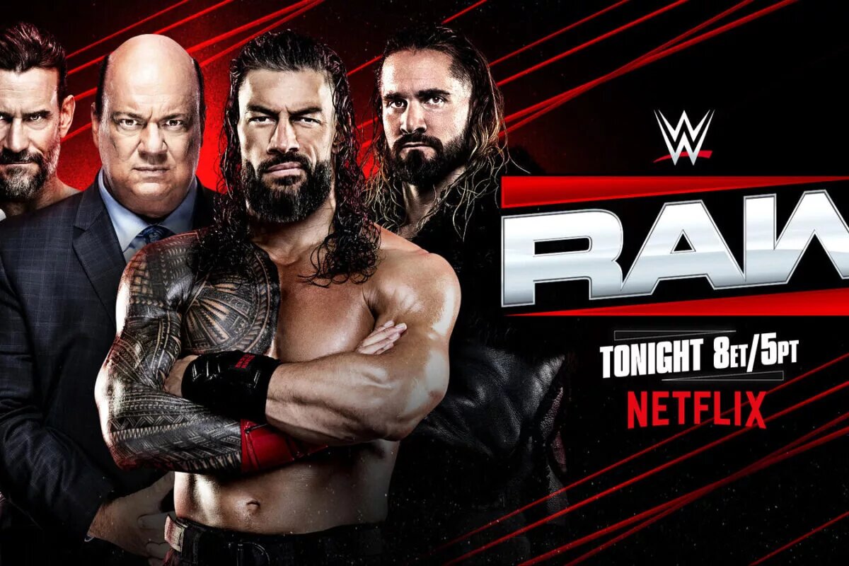WWE Raw graphic featuring Seth Rollins, Roman Reigns, and CM Punk