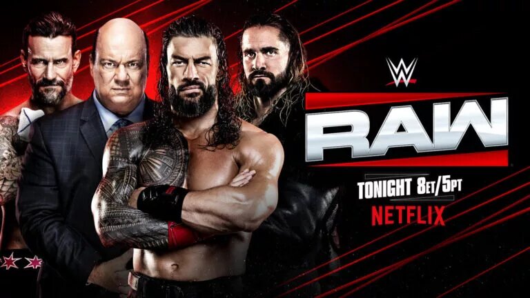 WWE Raw graphic featuring Seth Rollins, Roman Reigns, and CM Punk