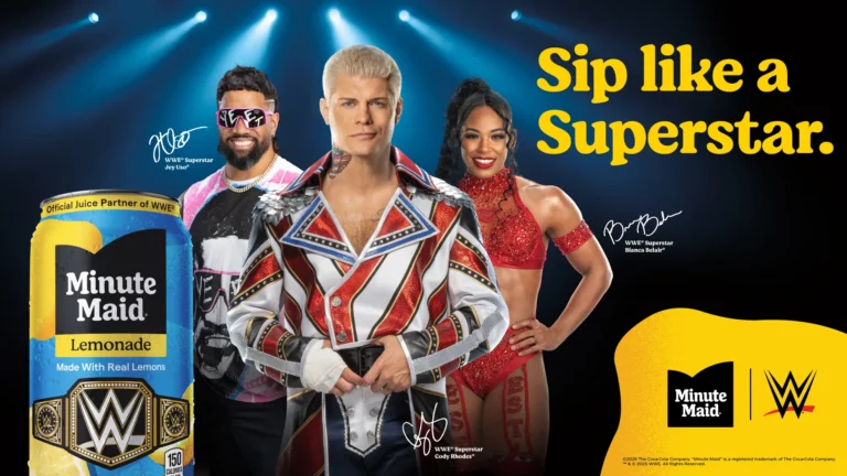 WWE and Minute Maid ad graphic featuring Jey Uso, Cody Rhodes, and Bianca Belair