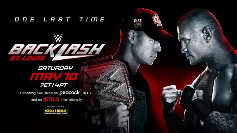 A match graphic for the main event for WWE Backlash 2025 St. Louis results featuring John Cena and Randy Orton.