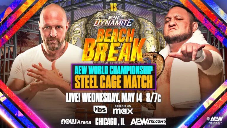 A match graphic for AEW Dynamite: Beach Break 2025 featuring Jon Moxley and Samoa Joe.