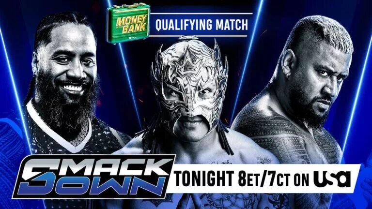 A WWE SmackDown match graphic for the WWE Money in the Bank 2025 qualifying match between Jimmy Uso, Rey Fenix, and Solo Sikoa.