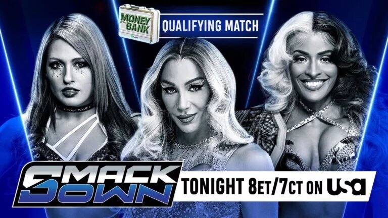 Blog banner for WWE SmackDown results tonight for May 23, 2025 featuring Giulia, Charlotte Flair, and Zelina Vega.