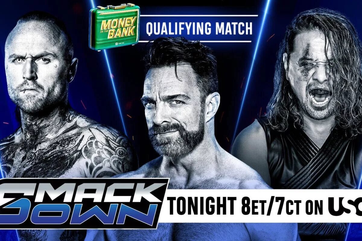 A WWE SmackDown match graphic advertising the men's Money in the Bank 2025 qualifier.