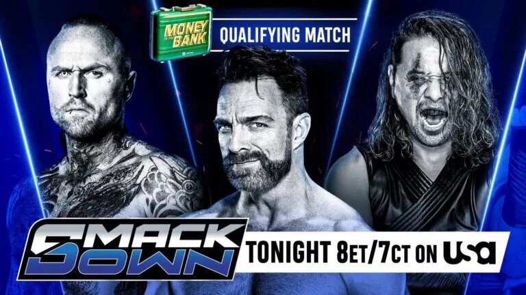 A WWE SmackDown match graphic advertising the men's Money in the Bank 2025 qualifier.