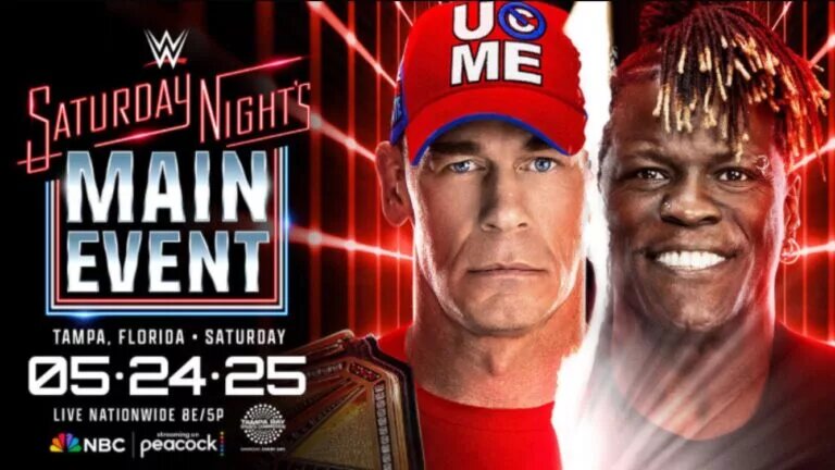 A graphic for WWE Saturday Night's Main Event XXXIX results for May 24, 2025 featuring John Cena and R-Truth.