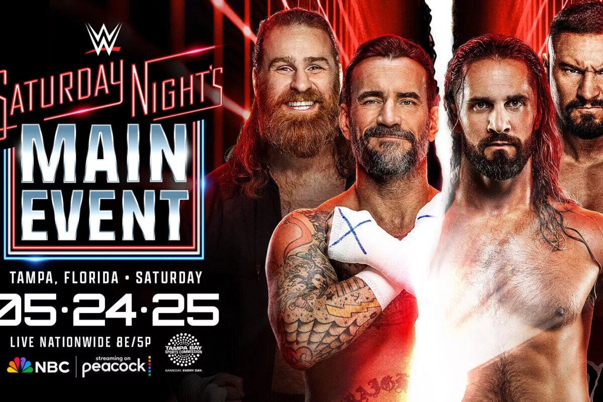 A graphic for WWE Saturday Night's Main Event featuring CM Punk, Seth Rollins, Bron Breakker, and Sami Zayn. This marked the return of Bronson Reed.