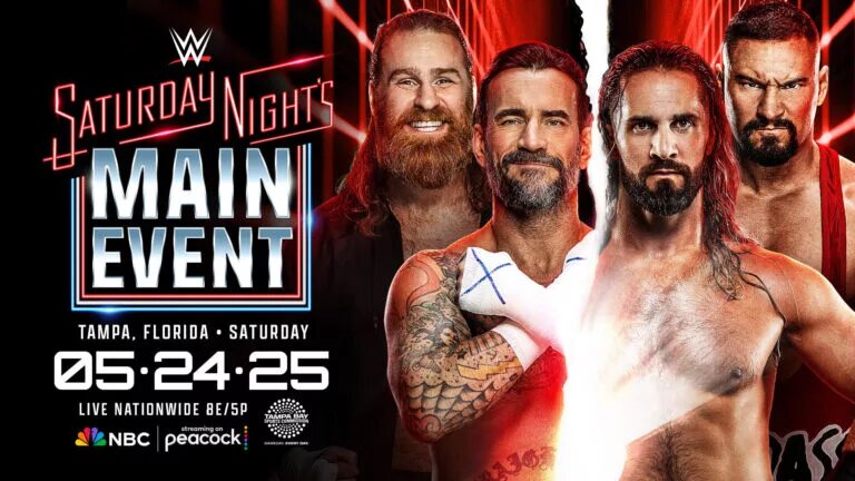 A graphic for WWE Saturday Night's Main Event featuring CM Punk, Seth Rollins, Bron Breakker, and Sami Zayn. This marked the return of Bronson Reed.