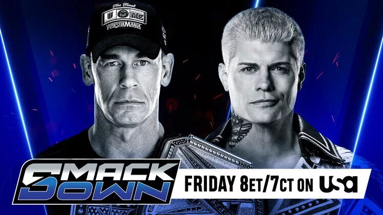 Blog banner for WWE SmackDown spoilers for May 30, 2025 featuring Cody Rhodes and John Cena.