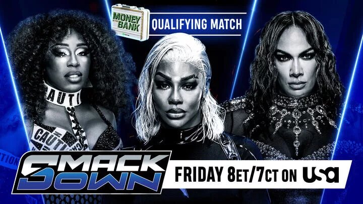 A WWE SmackDown graphic for May 30, 2025 advertising the Women's Money in the Bank 2025 qualifier featuring Jade Cargill, Nia Jax, and Naomi.