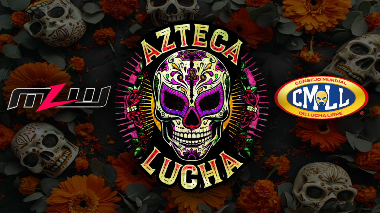 A promotional graphic for MLW x CMLL Azteca Lucha 2025.