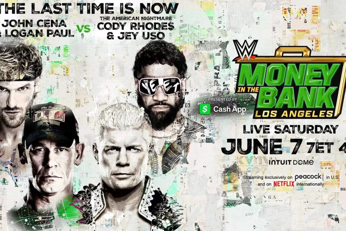 A WWE Money in the Bank 2025 graphic for the John Cena, Logan Paul, Cody Rhodes, and Jey Uso match.
