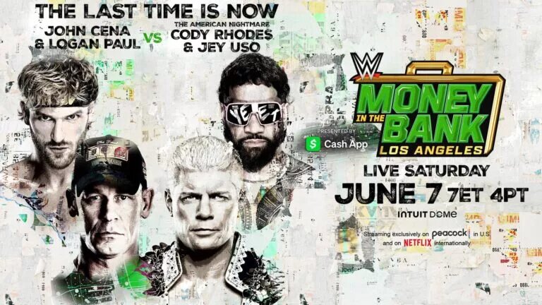 A WWE Money in the Bank 2025 graphic for the John Cena, Logan Paul, Cody Rhodes, and Jey Uso match.