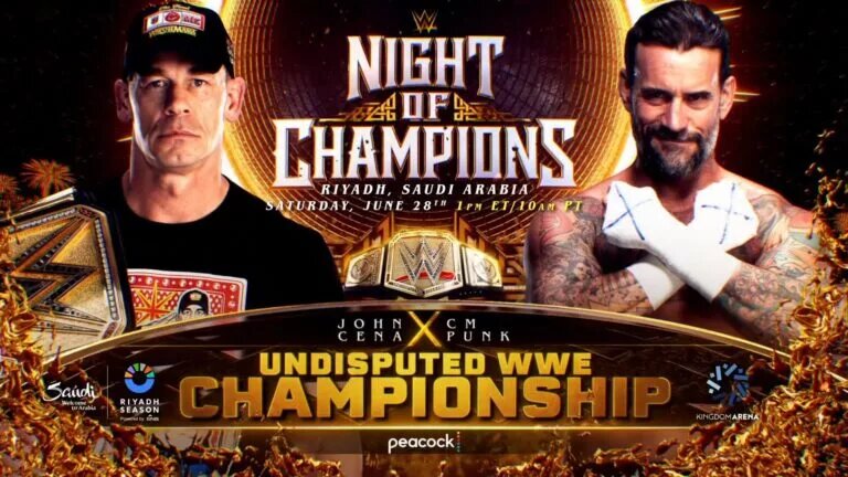 WWE Night of Champions 2025 match graphic featuring John Cena and CM Punk.
