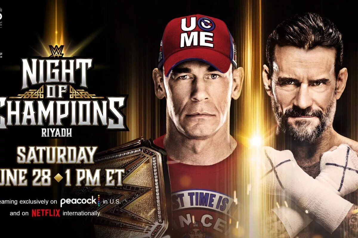 A graphic for the WWE Night of Champions results, live from Riyadh, Saudi Arabia featuring John Cena and CM Punk.