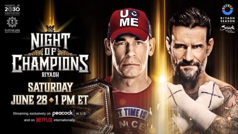 A graphic for the WWE Night of Champions results, live from Riyadh, Saudi Arabia featuring John Cena and CM Punk.