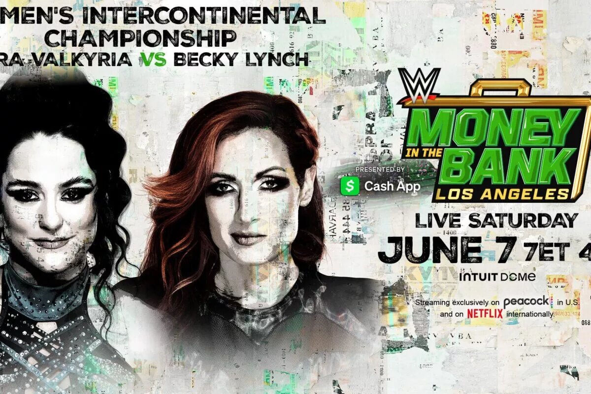 A match graphic for WWE Money in the Bank 2025 featuring Lyra Valkyria and Becky Lynch.