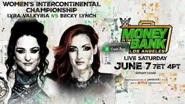 A match graphic for WWE Money in the Bank 2025 featuring Lyra Valkyria and Becky Lynch.