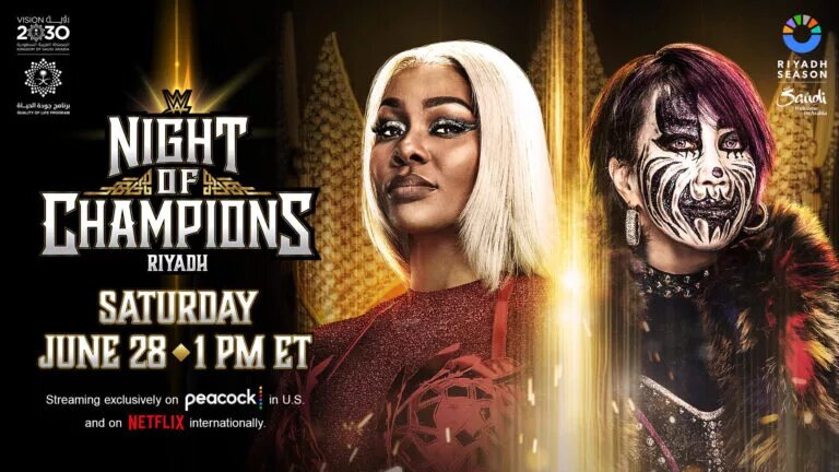 A graphic for WWE Night of Champions to crown a new Queen of the Ring featuring Jade Cargill and Asuka.